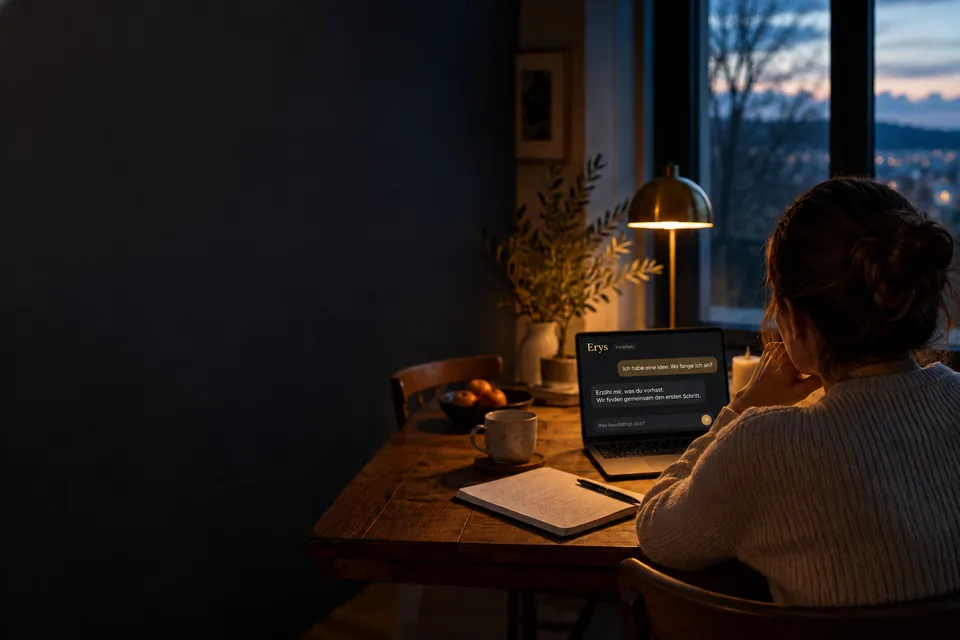 Illustrative Vorschau: Eine Person betrachtet eine Erys-Gesprächsansicht am Laptop.